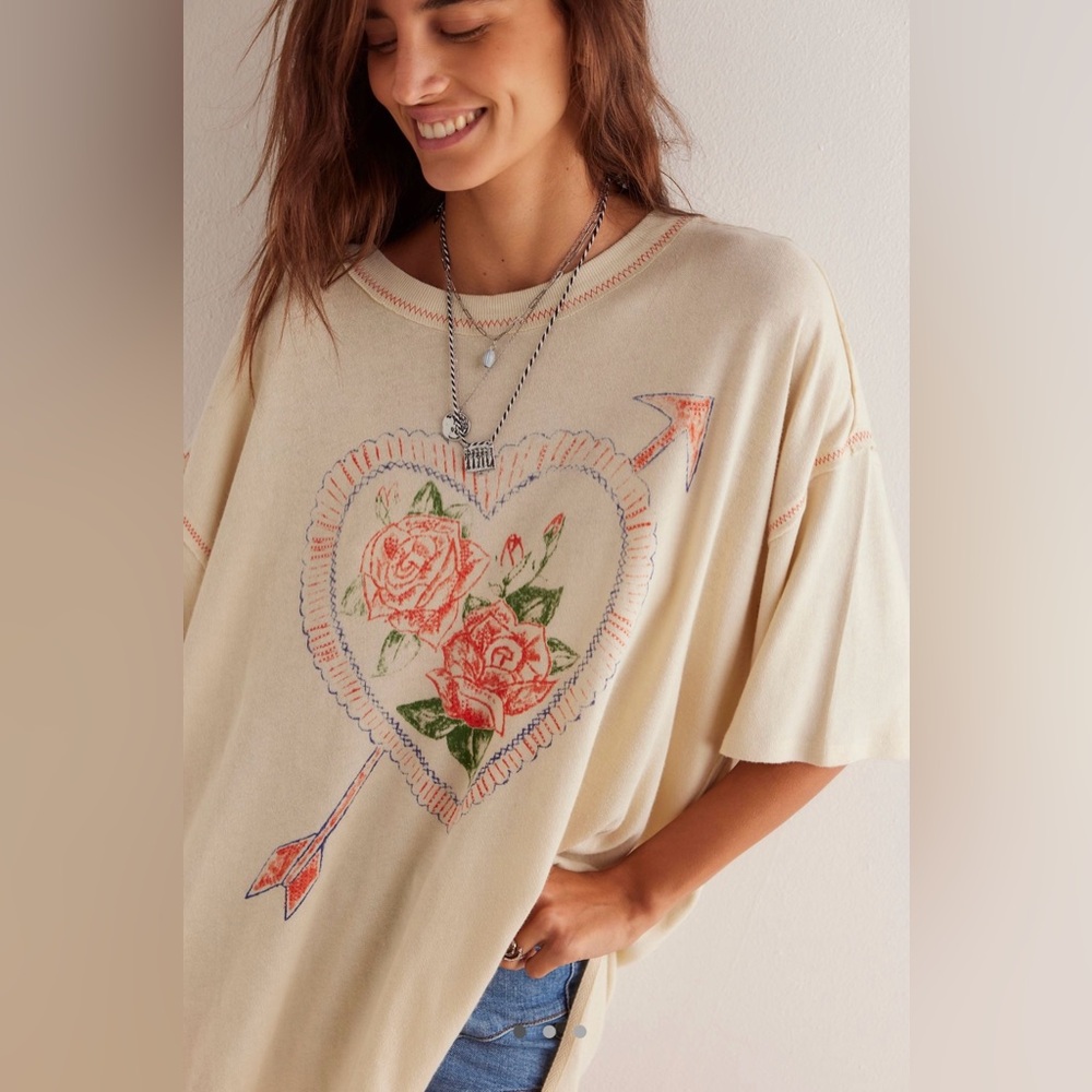 NWOT Free People Love Rose Tee-Ivory-Size S